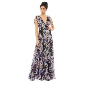 Ieena for Mac Duggal Floral V-Neck Maxi Gown Black Multi 55414 Mens Size 4 NWT